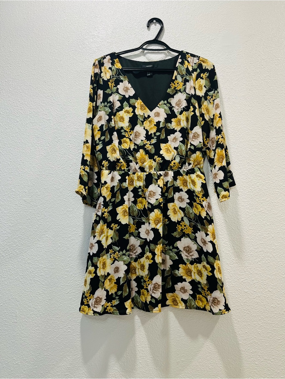 Yellow and Cream Floral Print, Black double lined Mini Dress with florals